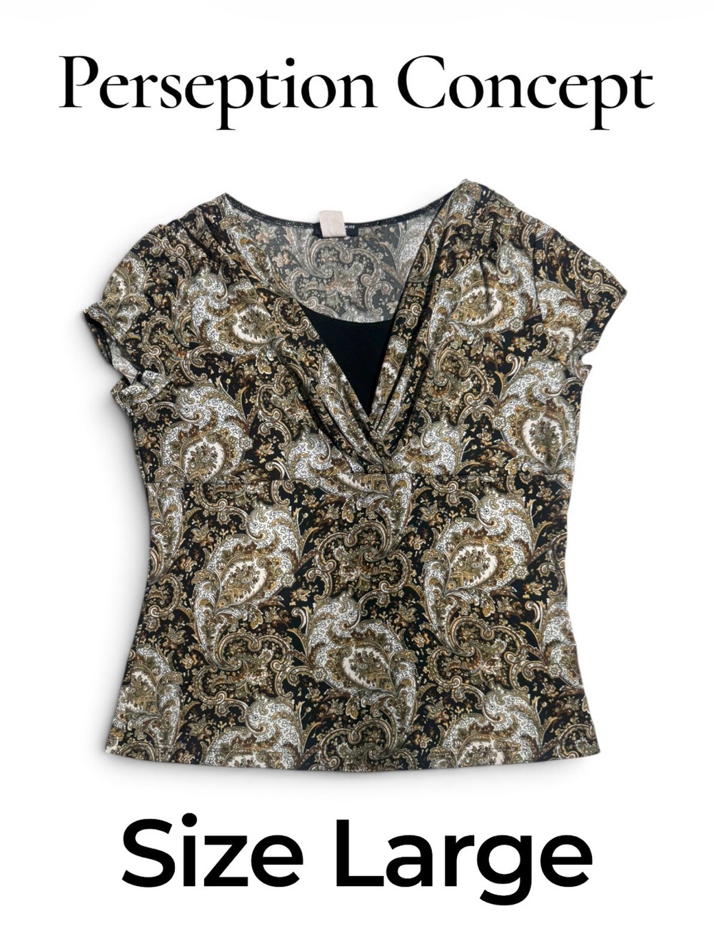 Perseption Concept Paisley V-Neck Top in Black and Gold
